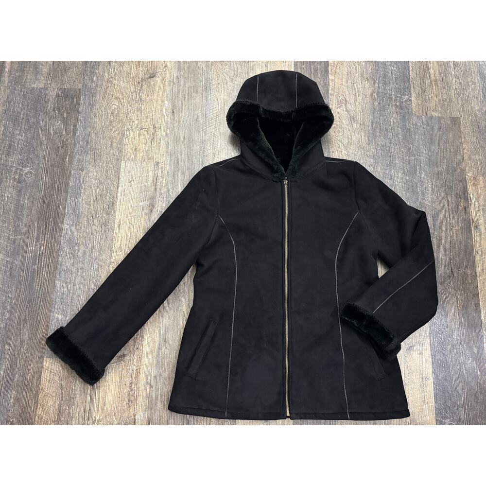 Marvin Richards Womens Black Faux Suede Hooded Jacket Faux Fur Trim RN73209